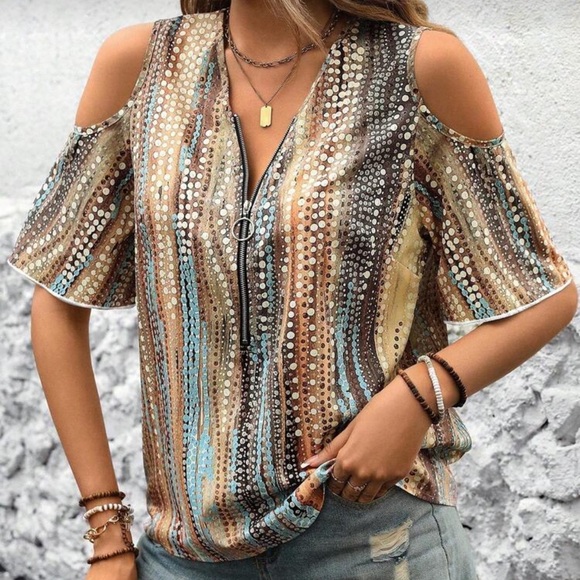 Elegant Sequin Cold Shoulder Blouse - Picture 1 of 4